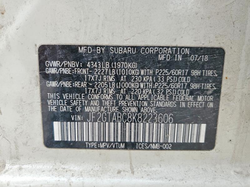 2019 Subaru Crosstrek მანქანა იყიდება აუქციონზე, vin: JF2GTABC8K8223606, აუქციონის ნომერი: 77000115