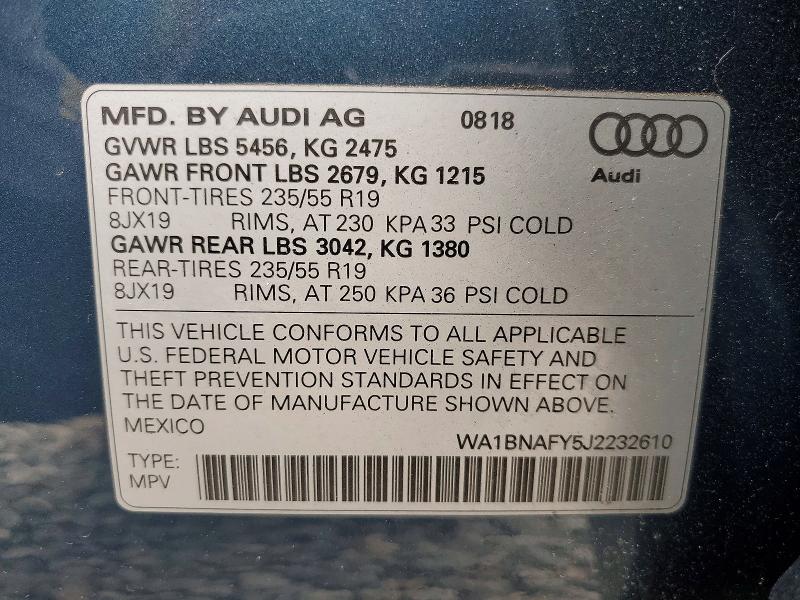 75417725 :رقم المزاد ، WA1BNAFY5J2232610 vin ، 2018 Audi Q5 مزاد بيع