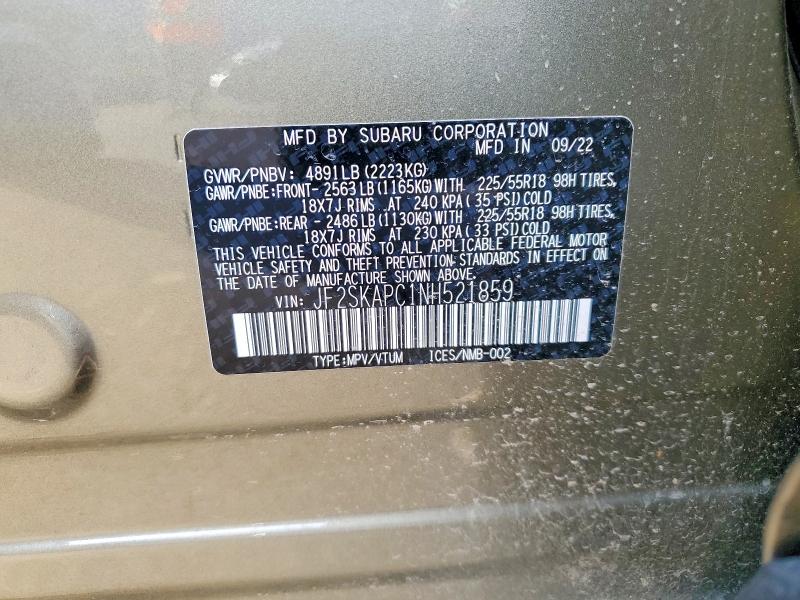 76421695 :رقم المزاد ، JF2SKAPC1NH521859 vin ، 2022 Subaru Forester مزاد بيع