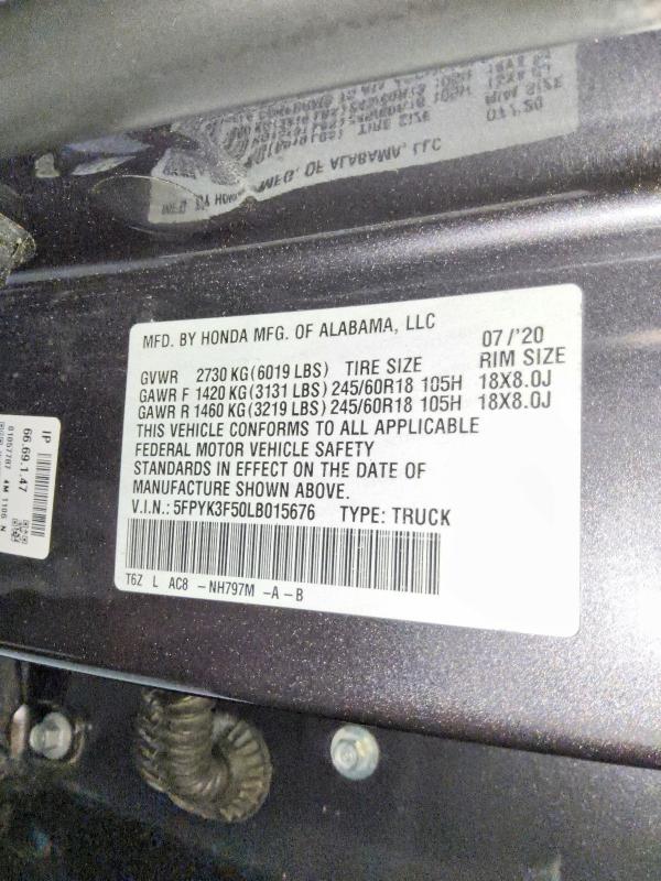 79465055 :رقم المزاد ، 5FPYK3F50LB015676 vin ، 2020 Honda Ridgeline مزاد بيع