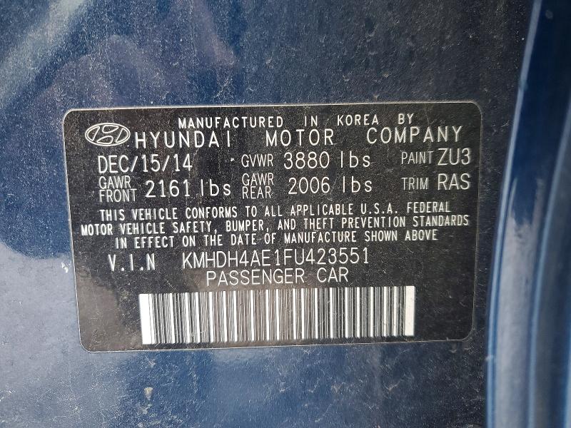 Aukcja sprzedaży 2015 Hyundai Elantra, vin: KMHDH4AE1FU423551, numer aukcji: 72108165