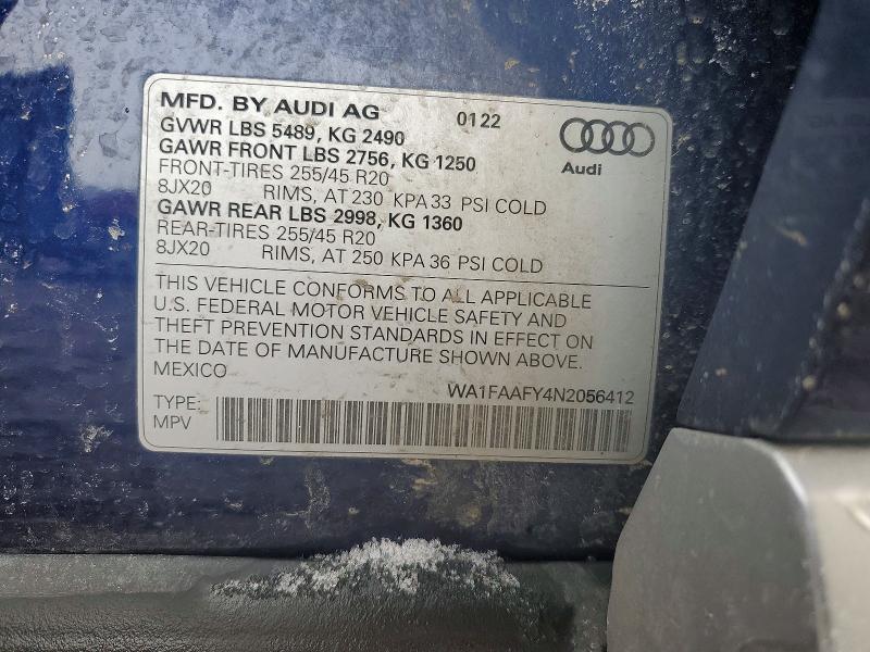 75583445 :رقم المزاد ، WA1FAAFY4N2056412 vin ، 2022 Audi Q5 مزاد بيع