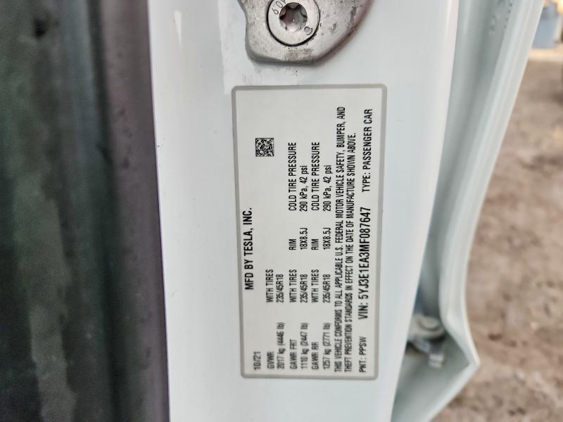 2021 Tesla Model 3 მანქანა იყიდება აუქციონზე, vin: 5YJ3E1EA3MF087647, აუქციონის ნომერი: 77766295