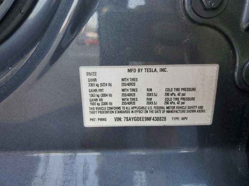 78957265 :رقم المزاد ، 7SAYGDEE9NF438828 vin ، 2022 Tesla Model Y مزاد بيع