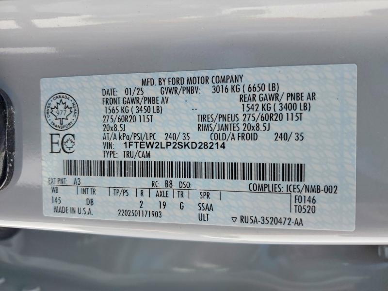 75942725 :رقم المزاد ، 1FTEW2LP2SKD28214 vin ، 2025 Ford F150 مزاد بيع