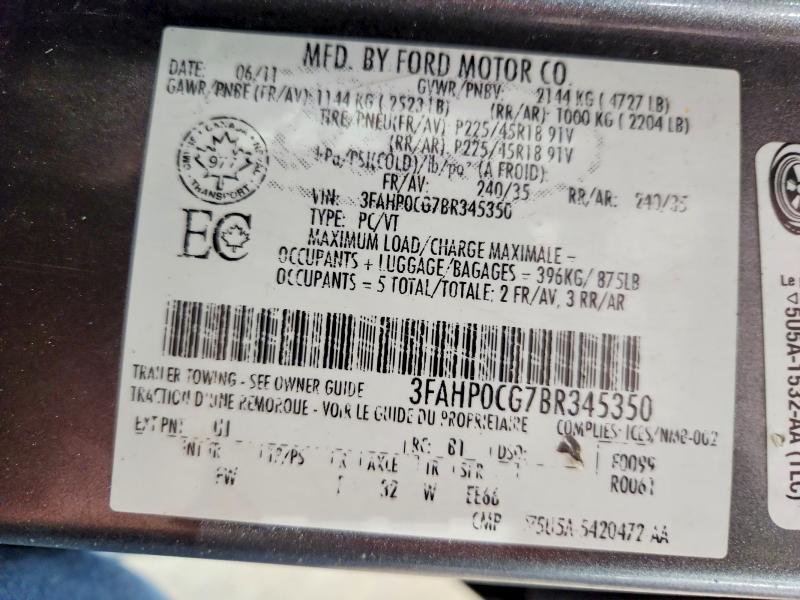Aukcja sprzedaży 2011 Ford Fusion, vin: 3FAHP0CG7BR345350, numer aukcji: 78909445