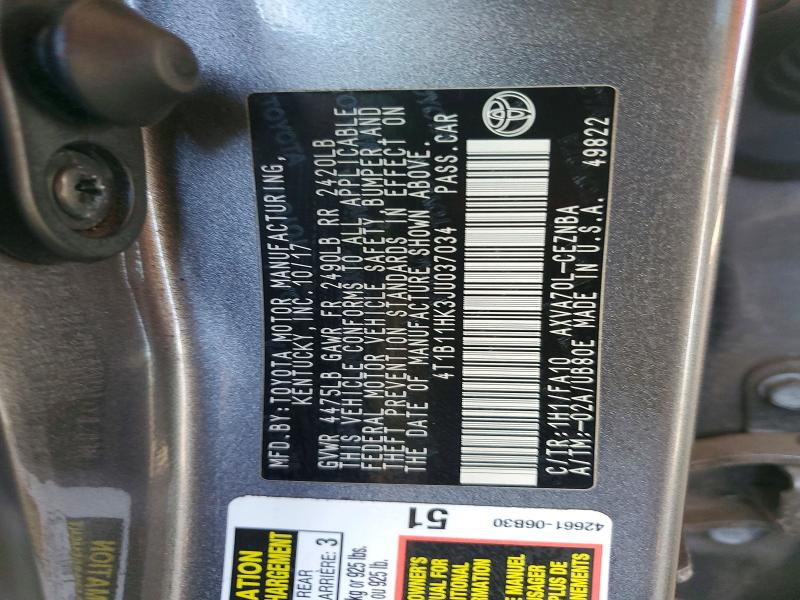 73635325 :رقم المزاد ، 4T1B11HK3JU037034 vin ، 2018 Toyota Camry مزاد بيع