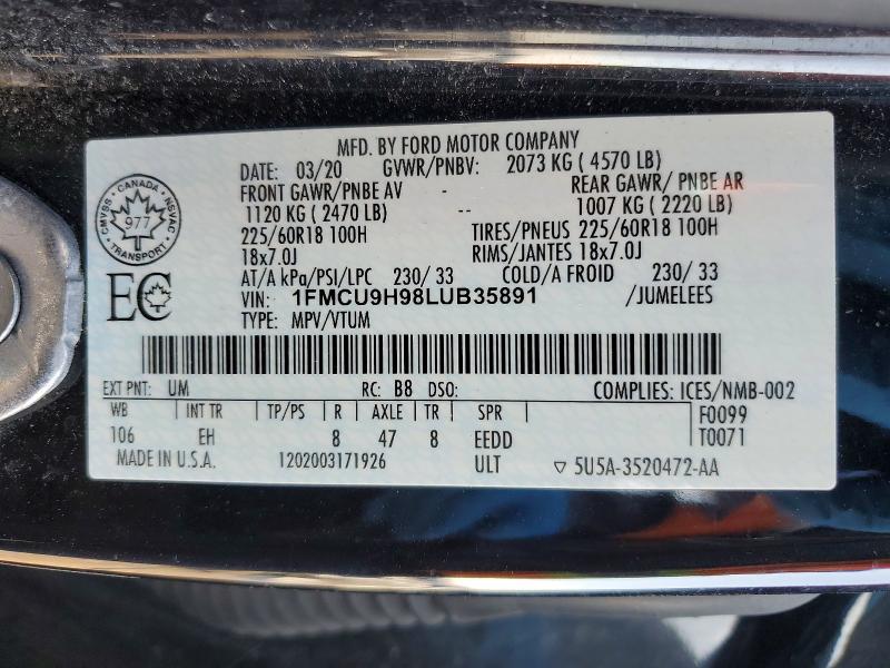 Продаж на аукціоні авто 2020 Ford Escape, vin: 1FMCU9H98LUB35891, номер лоту: 76903745