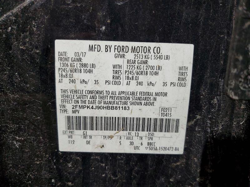 2017 Ford Edge მანქანა იყიდება აუქციონზე, vin: 2FMPK4J90HBB81183, აუქციონის ნომერი: 73071785