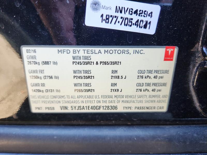 77148775 :رقم المزاد ، 5YJSA1E40GF128306 vin ، 2016 Tesla Model S مزاد بيع