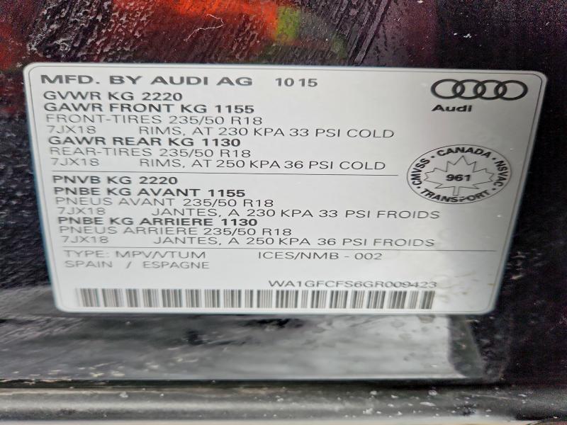 77355055 :رقم المزاد ، WA1GFCFS6GR009423 vin ، 2016 Audi Q3 مزاد بيع