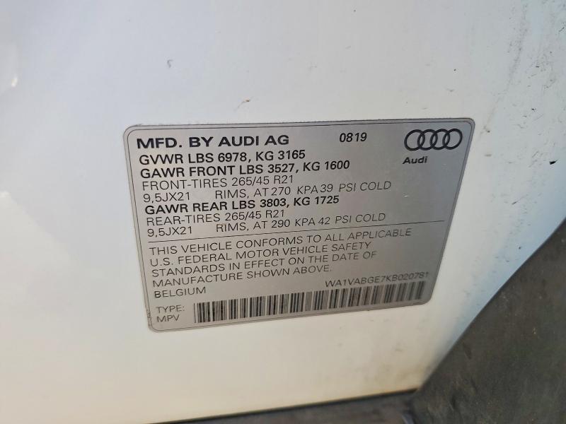 2019 Audi E-tron მანქანა იყიდება აუქციონზე, vin: WA1VABGE7KB020781, აუქციონის ნომერი: 79015175