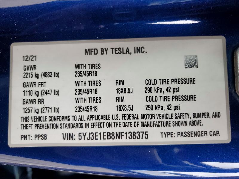 76835275 :رقم المزاد ، 5YJ3E1EB8NF138375 vin ، 2022 Tesla Model 3 مزاد بيع
