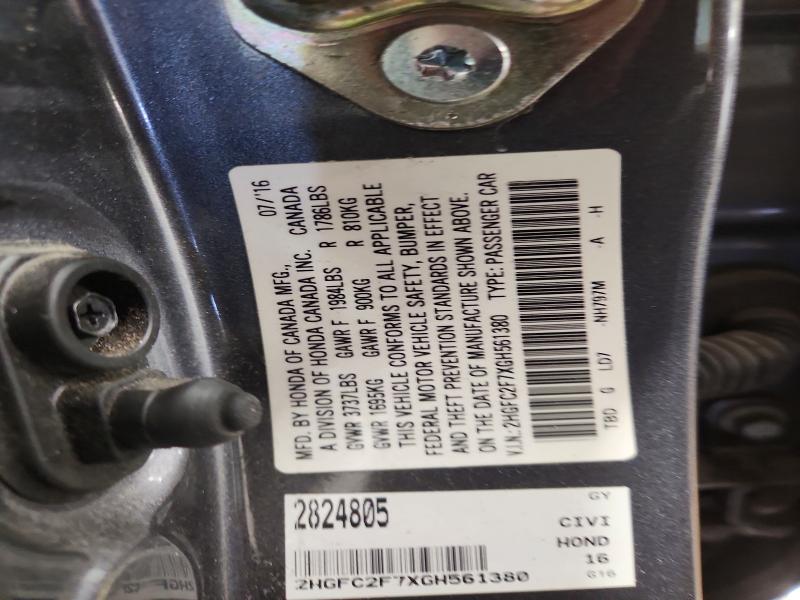 Auction sale of the 2016 Honda Civic, vin: 2HGFC2F7XGH561380, lot number: 79455565