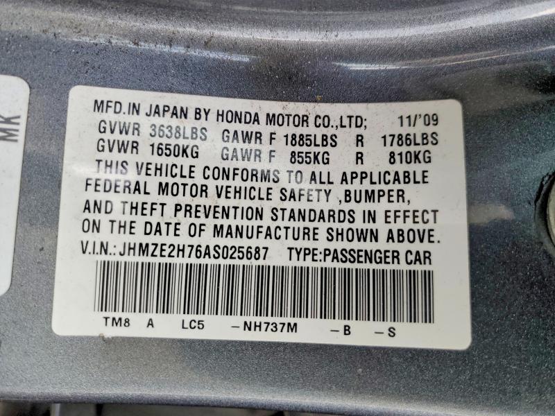 2010 Honda Insight მანქანა იყიდება აუქციონზე, vin: JHMZE2H76AS025687, აუქციონის ნომერი: 75780655