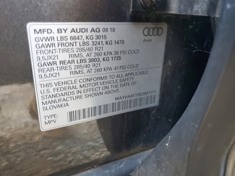 2019 Audi Q7 მანქანა იყიდება აუქციონზე, vin: WA1VAAF72KD001377, აუქციონის ნომერი: 78098855