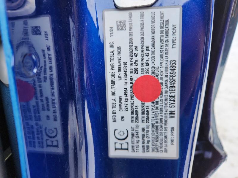 75933165 :رقم المزاد ، 5YJ3E1EB4SF894863 vin ، 2025 Tesla Model 3 مزاد بيع