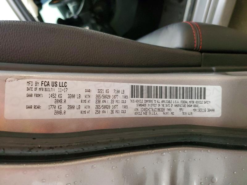 2018 Dodge Durango მანქანა იყიდება აუქციონზე, vin: 1C4SDHCT0JC186320, აუქციონის ნომერი: 77987595