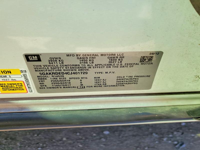 2012 Buick Enclave მანქანა იყიდება აუქციონზე, vin: 5GAKRDED4CJ401729, აუქციონის ნომერი: 77217375