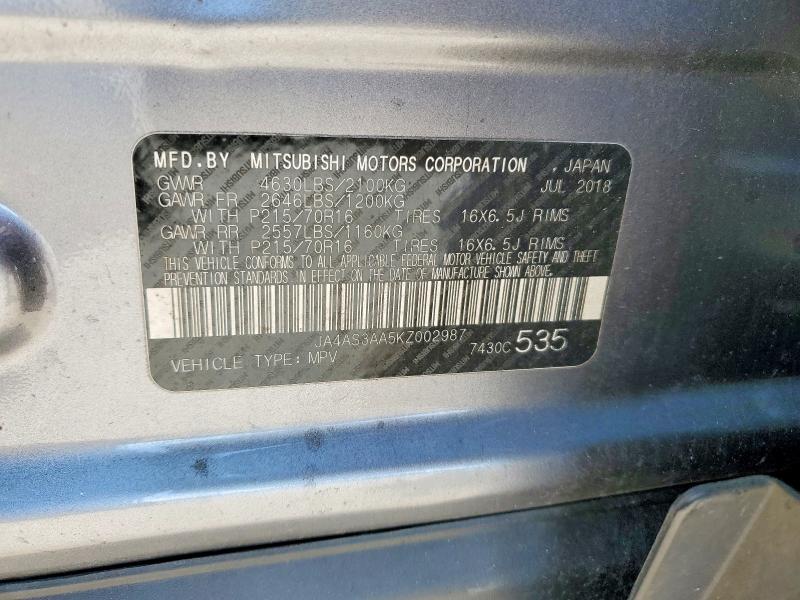 Aukcja sprzedaży 2019 Mitsubishi Eclipse C, vin: JA4AS3AA5KZ002987, numer aukcji: 48569506