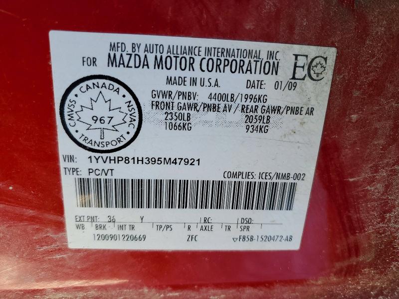 2009 Mazda 6 მანქანა იყიდება აუქციონზე, vin: 1YVHP81H395M47921, აუქციონის ნომერი: 74912595