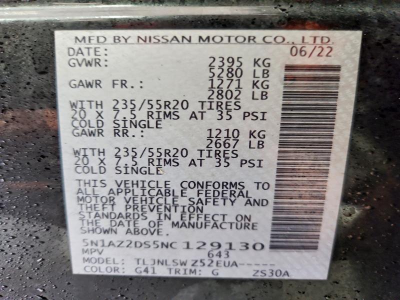 47840066 :رقم المزاد ، 5N1AZ2DS5NC129130 vin ، 2022 Nissan Murano مزاد بيع