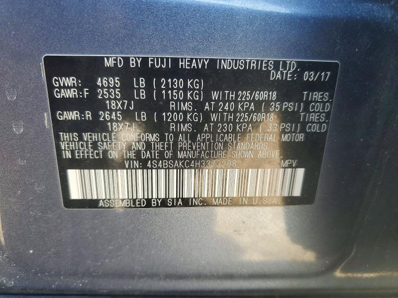 2017 Subaru Outback მანქანა იყიდება აუქციონზე, vin: 4S4BSAKC4H3373208, აუქციონის ნომერი: 78472675