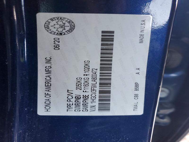 77687895 :رقم المزاد ، 1HGCV3F9XLA800472 vin ، 2020 Honda Accord مزاد بيع