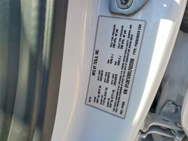 77606075 :رقم المزاد ، 5YJ3E1EBXLF622206 vin ، 2020 Tesla Model 3 مزاد بيع