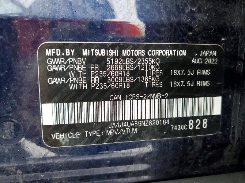 77300455 :رقم المزاد ، JA4J4UA89NZ620184 vin ، 2022 Mitsubishi Outlander مزاد بيع