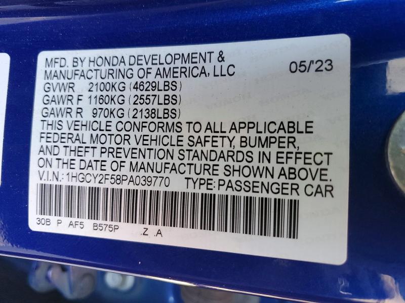 75355445 :رقم المزاد ، 1HGCY2F58PA039770 vin ، 2023 Honda Accord مزاد بيع