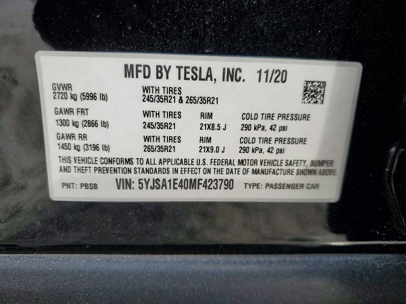 Продажа на аукционе авто 2021 Tesla Model S, vin: 5YJSA1E40MF423790, номер лота: 78057145