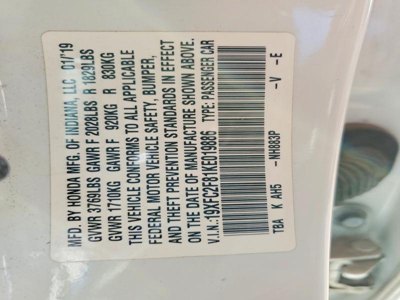 2019 Honda Civic მანქანა იყიდება აუქციონზე, vin: 19XFC2F81KE019886, აუქციონის ნომერი: 75856685