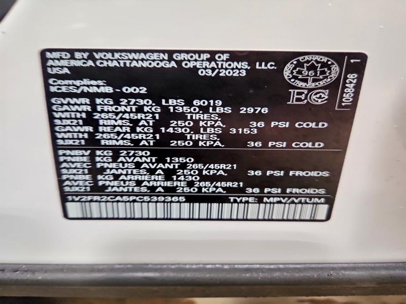 77317525 :رقم المزاد ، 1V2FR2CA5PC539365 vin ، 2023 Volkswagen Atlas مزاد بيع