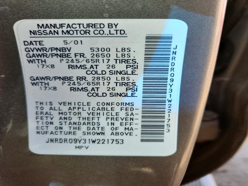 78877705 :رقم المزاد ، JNRDR09Y31W221753 vin ، 2001 Infiniti Qx4 مزاد بيع