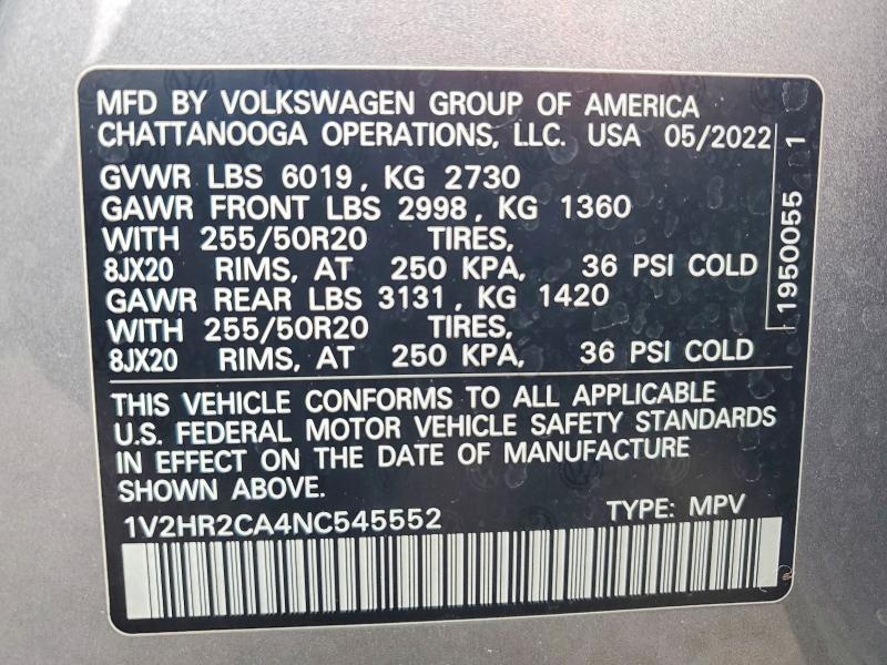 78218035 :رقم المزاد ، 1V2HR2CA4NC545552 vin ، 2022 Volkswagen Atlas مزاد بيع