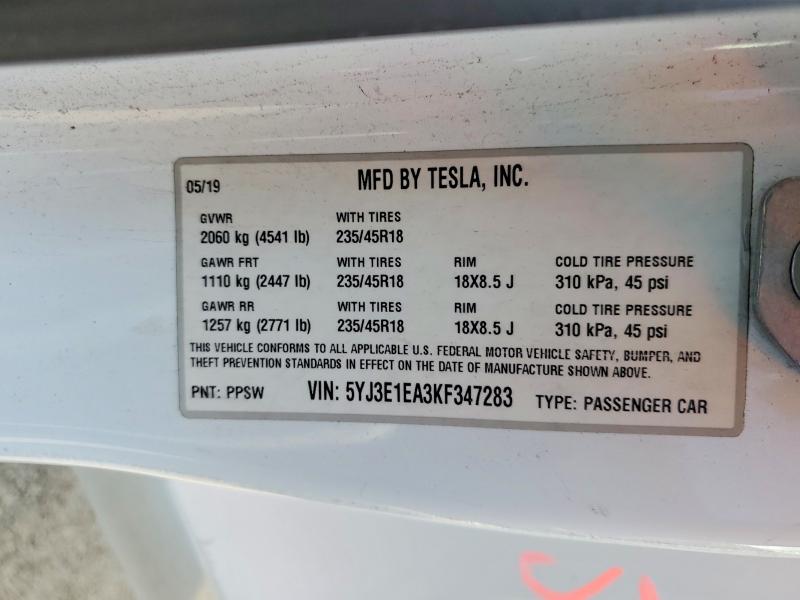 Aukcja sprzedaży 2019 Tesla Model 3, vin: 5YJ3E1EA3KF347283, numer aukcji: 78853435