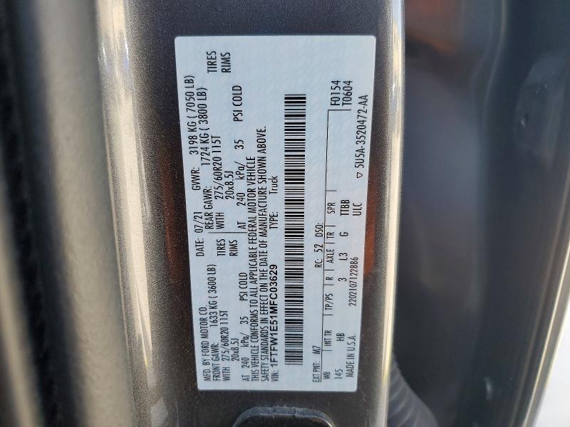 Aukcja sprzedaży 2021 Ford F150, vin: 1FTFW1E51MFC03629, numer aukcji: 78714185