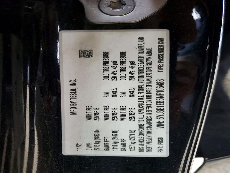 76854545 :رقم المزاد ، 5YJ3E1EB5NF106483 vin ، 2022 Tesla Model 3 مزاد بيع