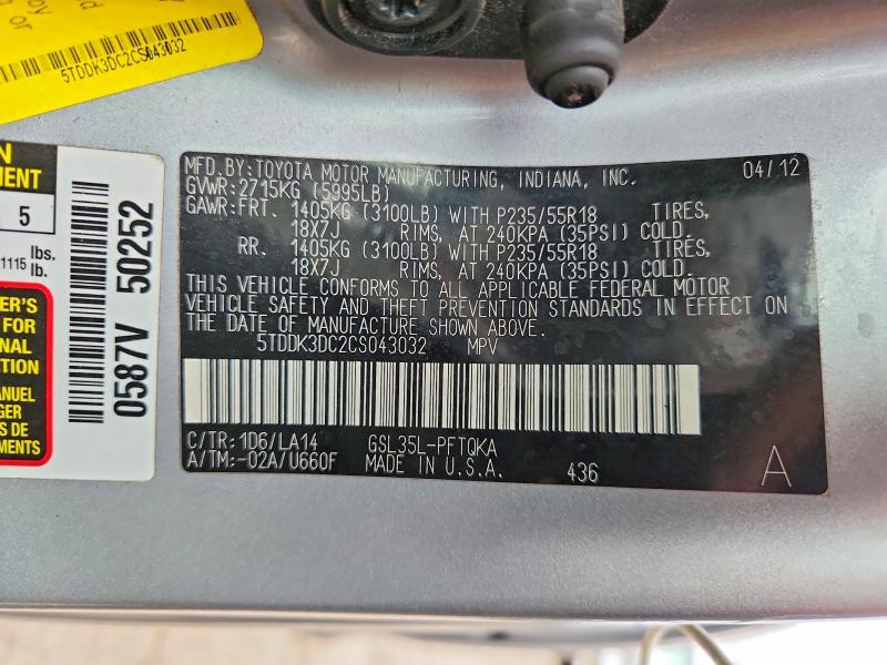Aukcja sprzedaży 2012 Toyota Sienna, vin: 5TDDK3DC2CS043032, numer aukcji: 78268955