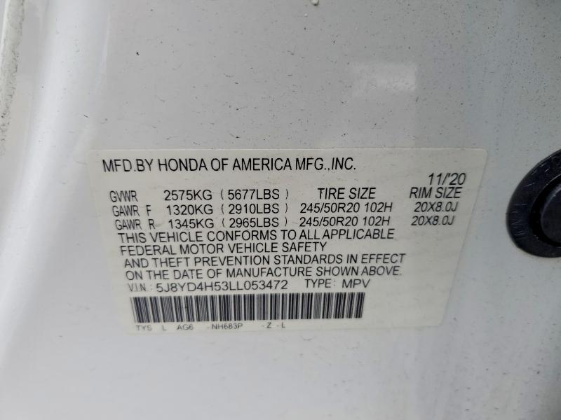 2020 Acura Mdx მანქანა იყიდება აუქციონზე, vin: 5J8YD4H53LL053472, აუქციონის ნომერი: 77322815