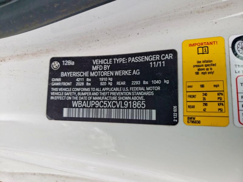 2012 Bmw 128 მანქანა იყიდება აუქციონზე, vin: WBAUP9C5XCVL91865, აუქციონის ნომერი: 75891205