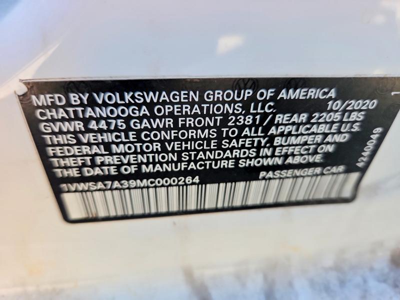 78760555 :رقم المزاد ، 1VWSA7A39MC000264 vin ، 2021 Volkswagen Passat مزاد بيع