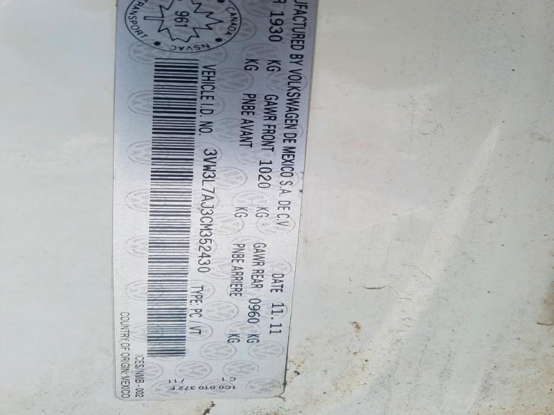 Aukcja sprzedaży 2012 Volkswagen Jetta, vin: 3VW3L7AJ3CM352430, numer aukcji: 74283445