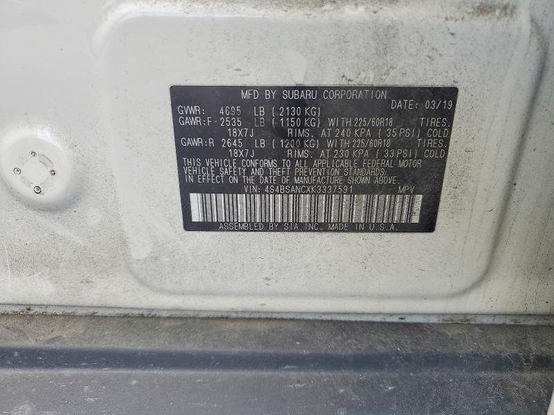 Продаж на аукціоні авто 2019 Subaru Outback, vin: 4S4BSANCXK3337591, номер лоту: 76182235