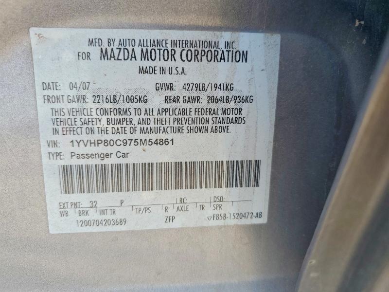 Aukcja sprzedaży 2007 Mazda 6, vin: 1YVHP80C975M54861, numer aukcji: 77520685