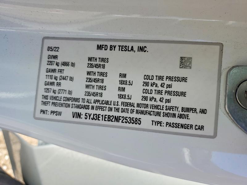 77019575 :رقم المزاد ، 5YJ3E1EB2NF253585 vin ، 2022 Tesla Model 3 مزاد بيع