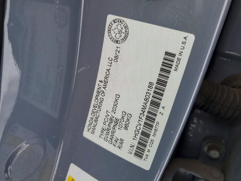 Продаж на аукціоні авто 2021 Honda Accord, vin: 1HGCV1F34MA803188, номер лоту: 77385355