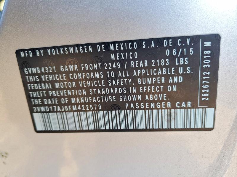 75350245 :رقم المزاد ، 3VWD17AJ6FM422579 vin ، 2015 Volkswagen Jetta مزاد بيع
