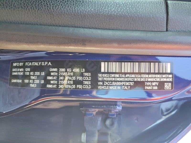 2017 Jeep Renegade მანქანა იყიდება აუქციონზე, vin: ZACCJBAB6HPE96787, აუქციონის ნომერი: 79289875